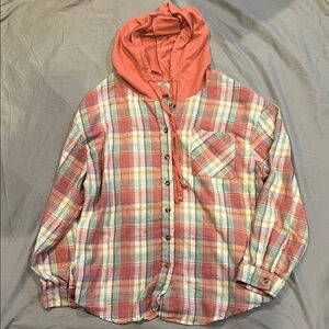 Plaid Button-Up Shirt with Coral Hoodie Layer